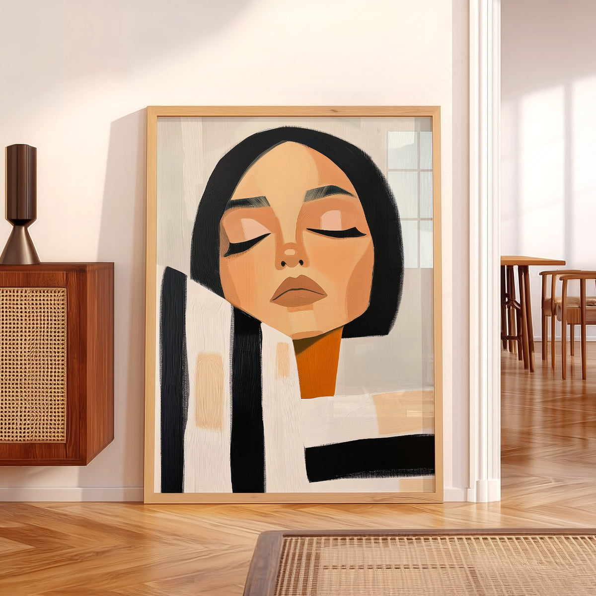 Minimalist Woman Portrait Print – Modern Black White Striped Wall Art – 64-09 — artwork preview 5