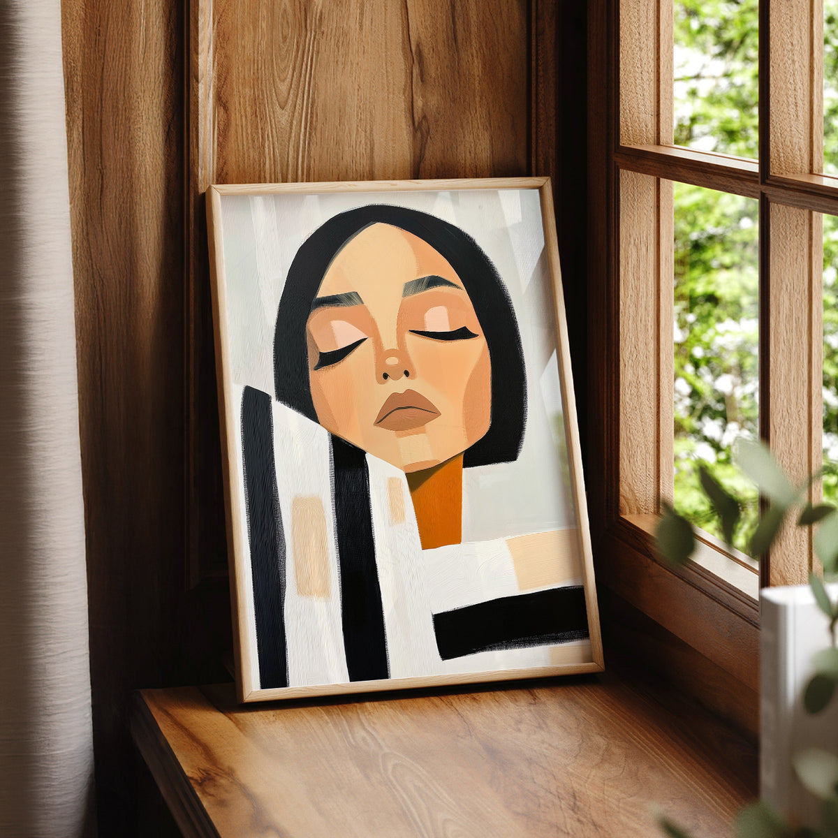 Minimalist Woman Portrait Print – Modern Black White Striped Wall Art – 64-09 — artwork preview 7