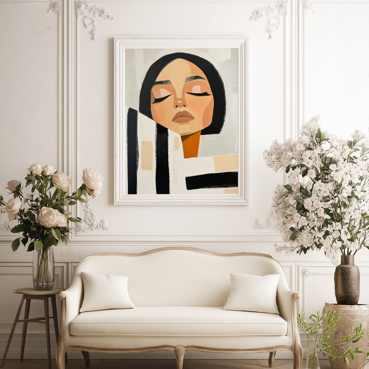 Minimalist Woman Portrait Print – Modern Black White Striped Wall Art – 64-09 — artwork preview 17