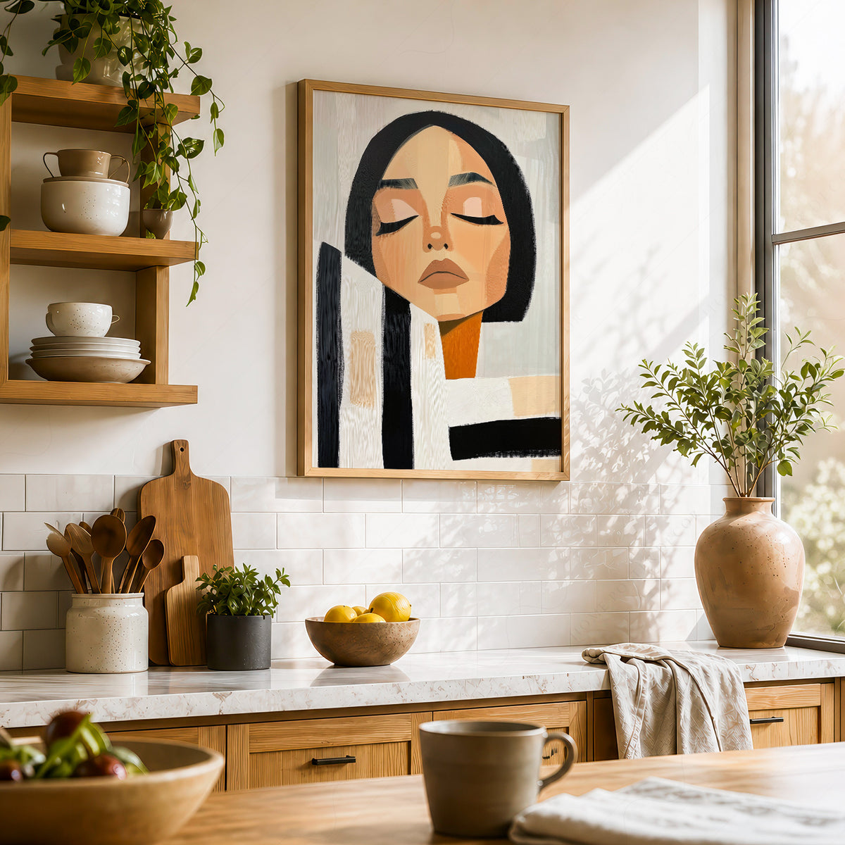 Minimalist Woman Portrait Print – Modern Black White Striped Wall Art – 64-09 — artwork preview 23