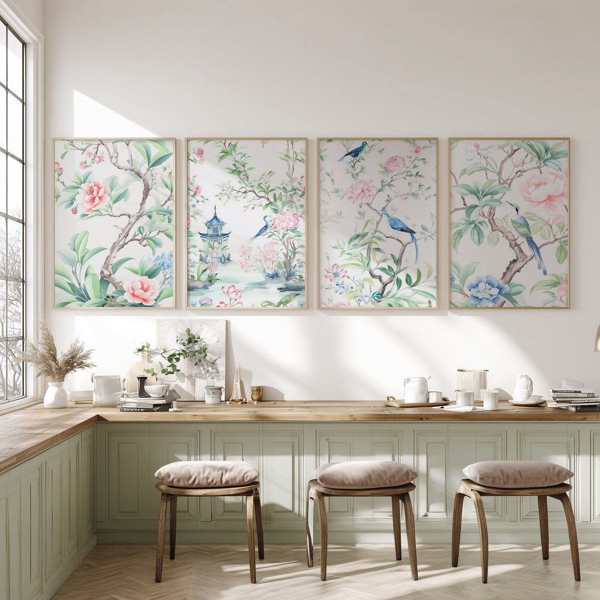 Chinoiserie Bird & Peony Art Print Set of 4 – Elegant Garden Wall Decor – 55-09 — artwork preview 3