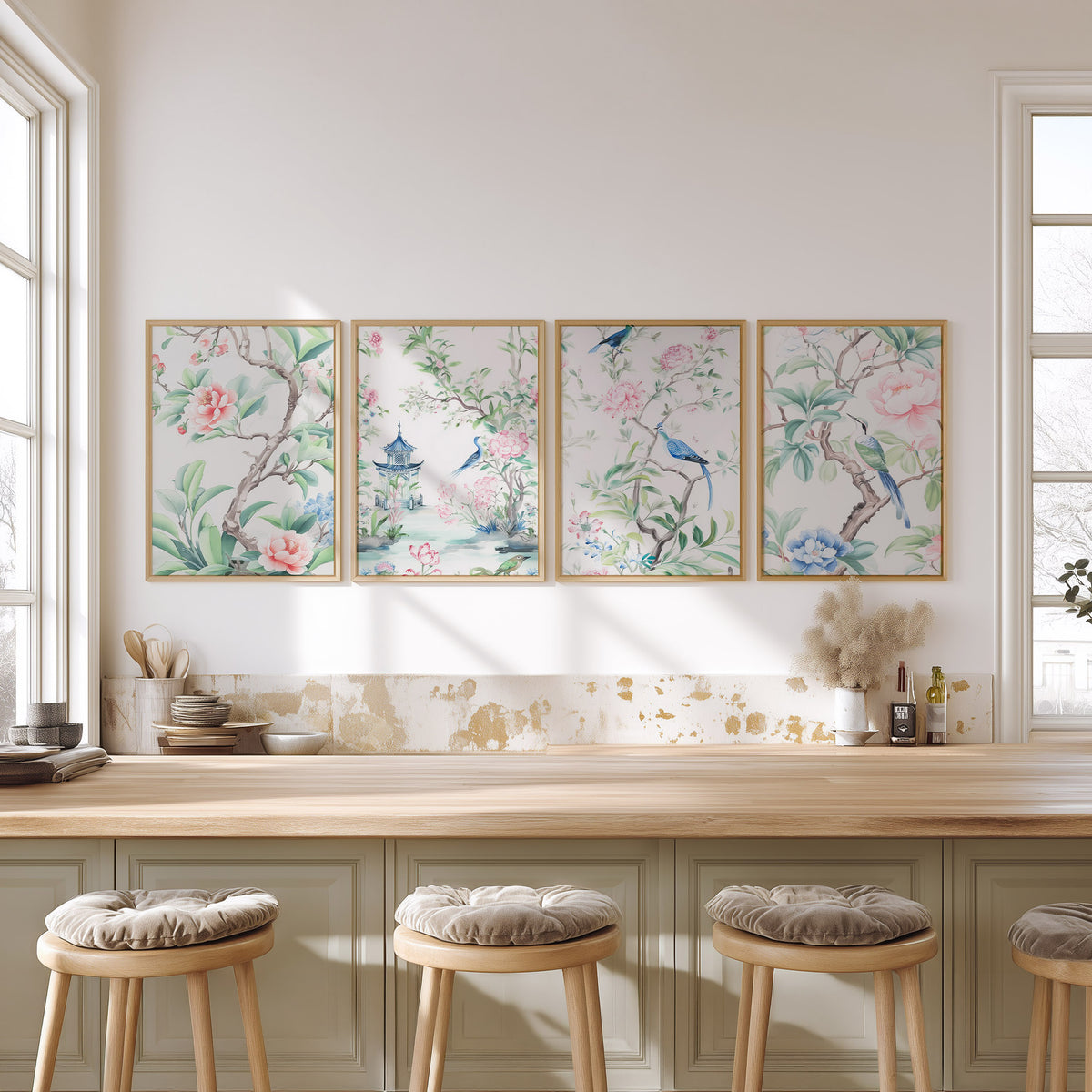 Chinoiserie Bird & Peony Art Print Set of 4 – Elegant Garden Wall Decor – 55-09 — artwork preview 5