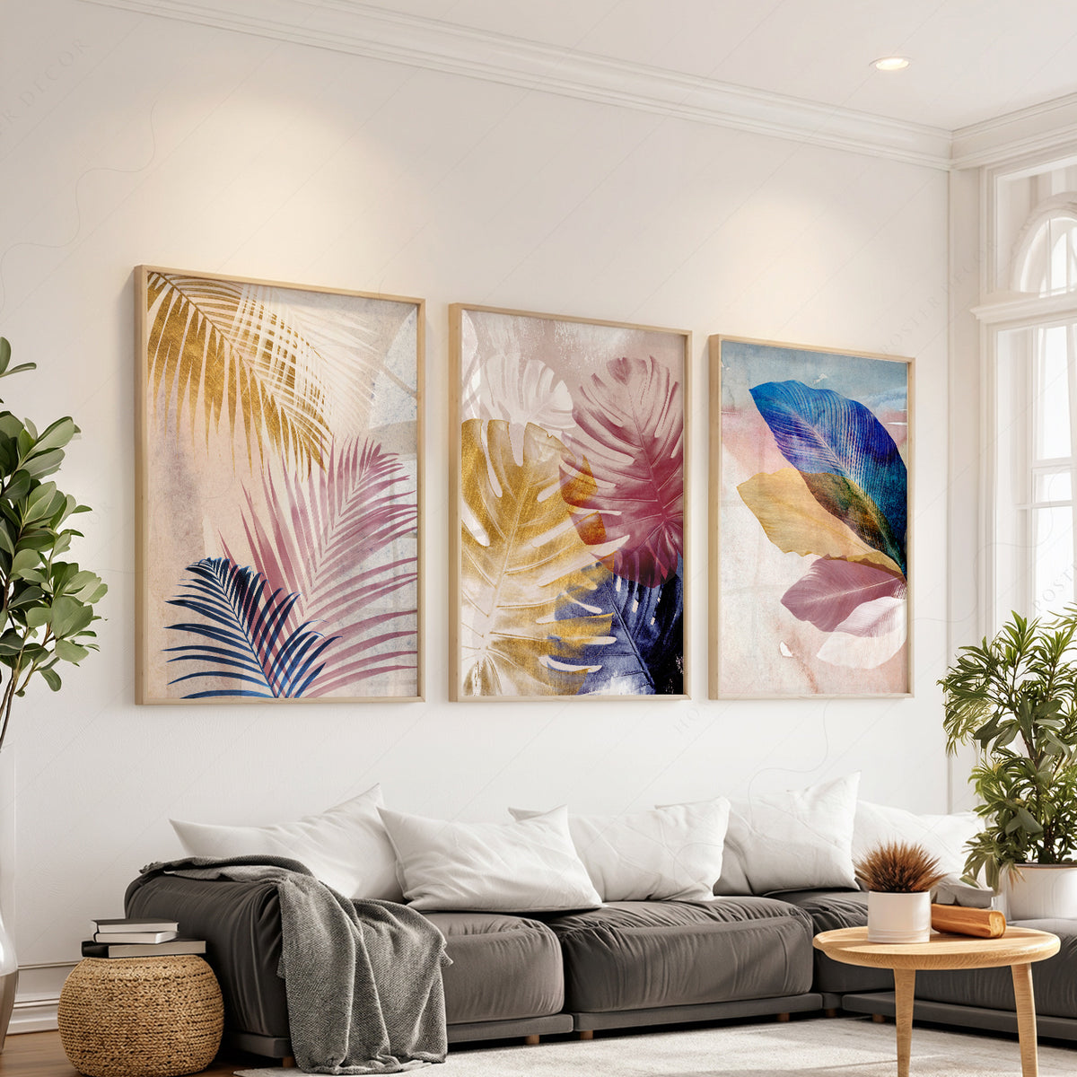 Abstract Tropical Leaf Art Print Set – Pink Blue Navy Gallery Wall Decor – 19-01 — artwork preview 1