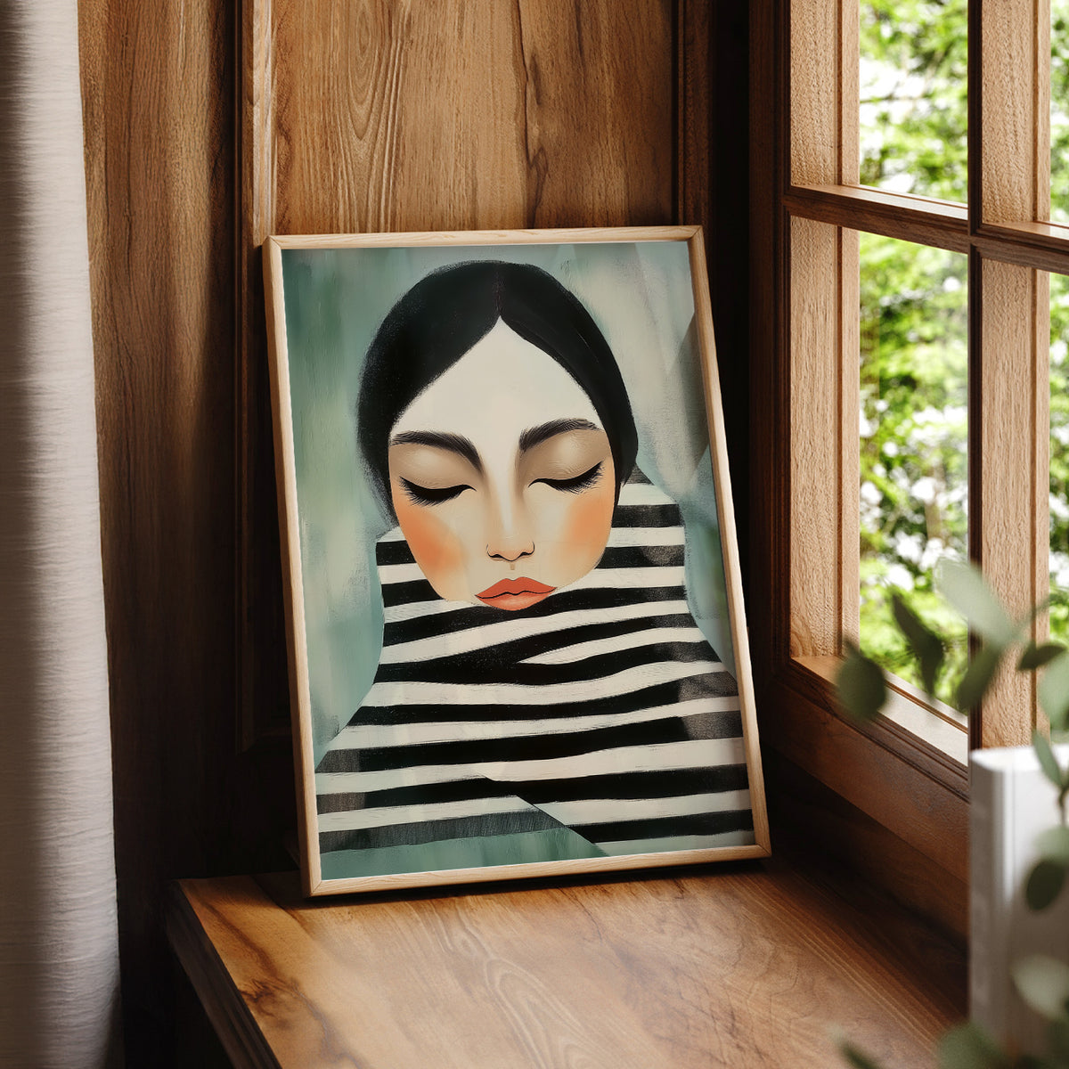 Woman Portrait Art Print – Modern Minimalist Black White Stripe Wall Art – 64-08 — artwork preview 7