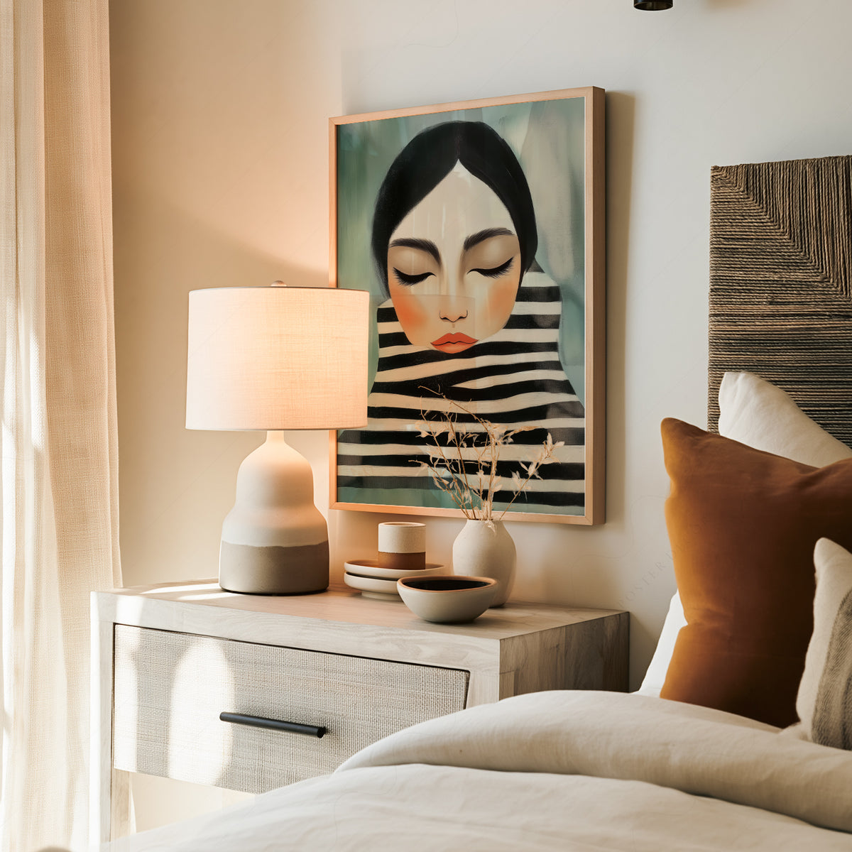 Woman Portrait Art Print – Modern Minimalist Black White Stripe Wall Art – 64-08 — artwork preview 19