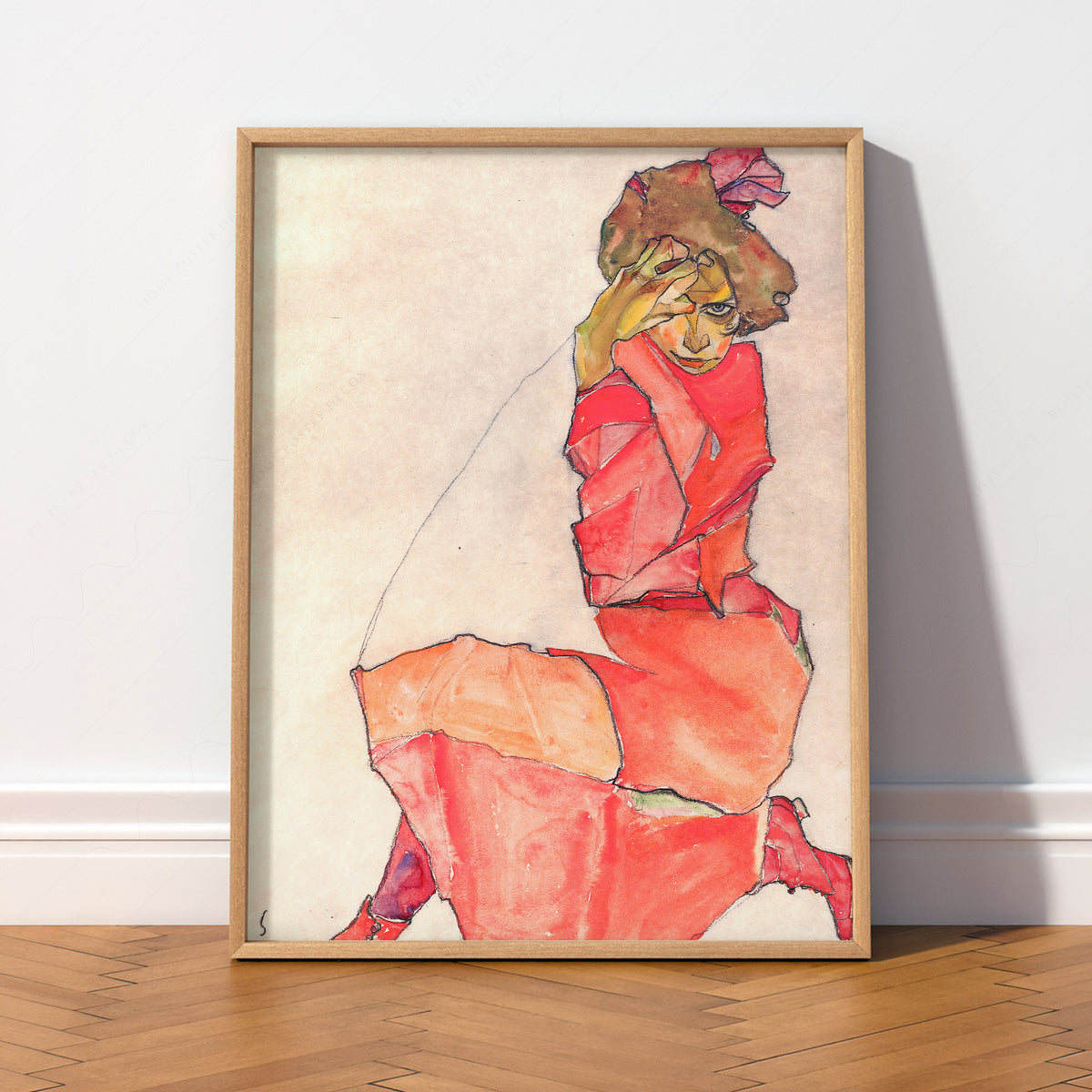Egon Schiele Kneeling Woman in an Orange-Red Dress Art Print — artwork preview 2