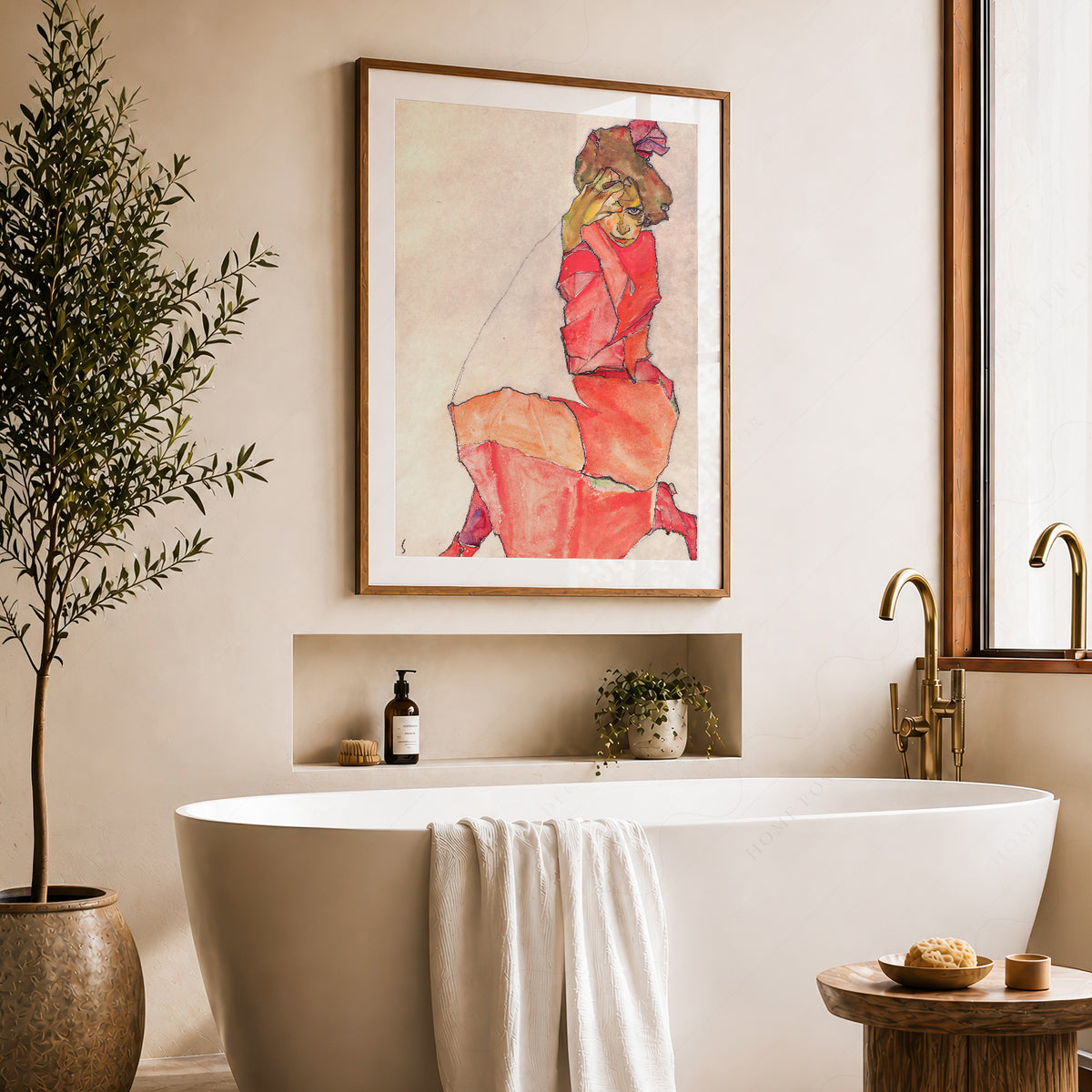 Egon Schiele Kneeling Woman in an Orange-Red Dress Art Print — artwork preview 22