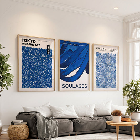 Indigo Blue Gallery Wall Set of 3 – Kusama Morris Soulages Art Prints — artwork preview 1