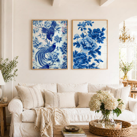 Blue Chinoiserie Bird and Floral Print Set of 2 – 55-07 — artwork preview 2