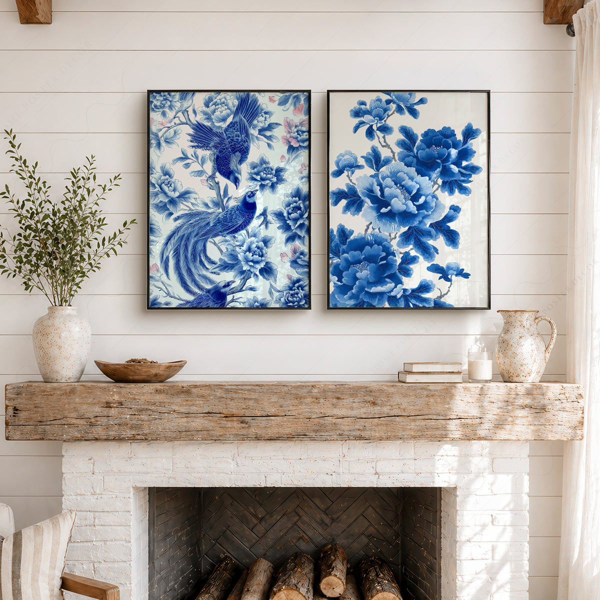 Blue Chinoiserie Bird and Floral Print Set of 2 – 55-07 — artwork preview 6