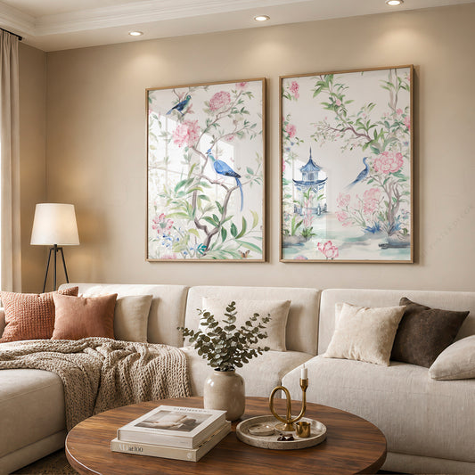 Chinoiserie Art Print Set of 2 – Vintage Bird and Floral Wall Art Posters – 55-01 — artwork preview 12