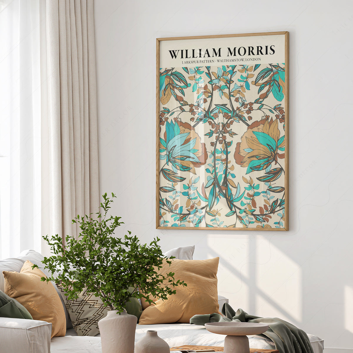 William Morris Larkspur Teal and Brown Floral Pattern Art Print — artwork preview 6