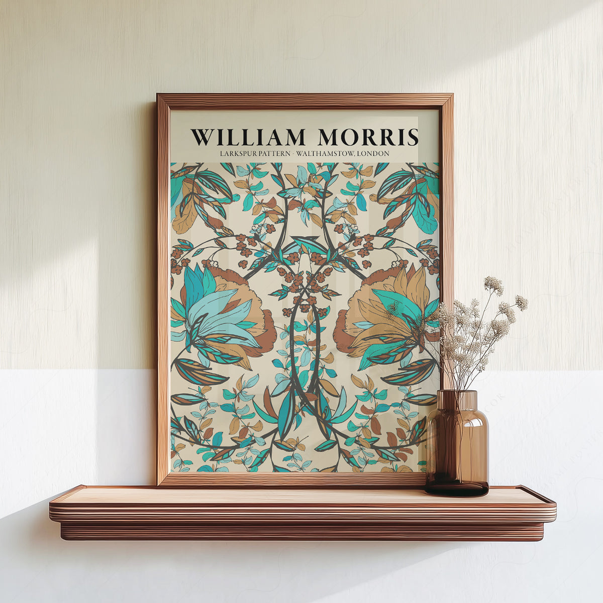 William Morris Larkspur Teal and Brown Floral Pattern Art Print — artwork preview 18