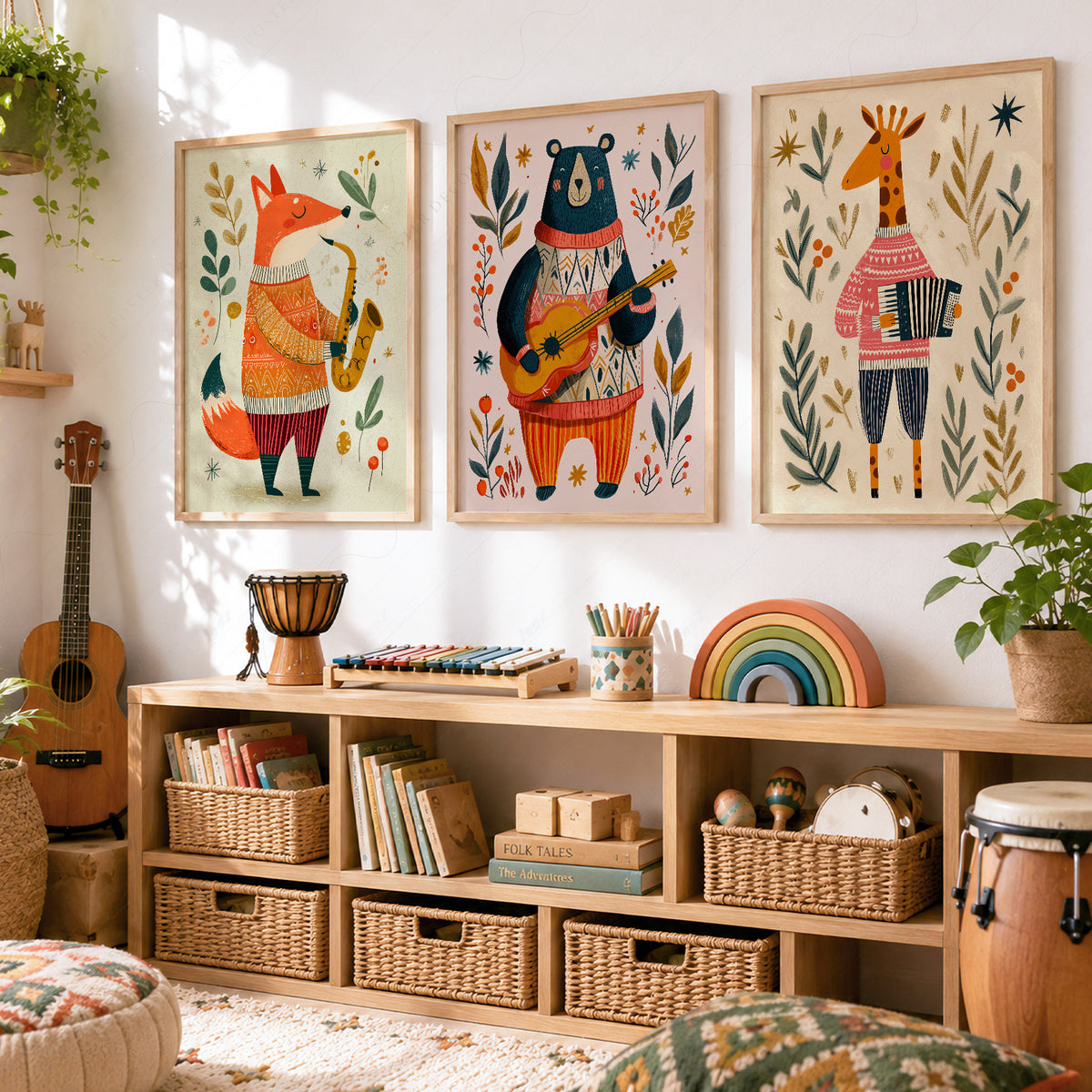Musical Animal Nursery Print Set – Fox Bear Giraffe Kids Wall Art – 67-08 — artwork preview 12