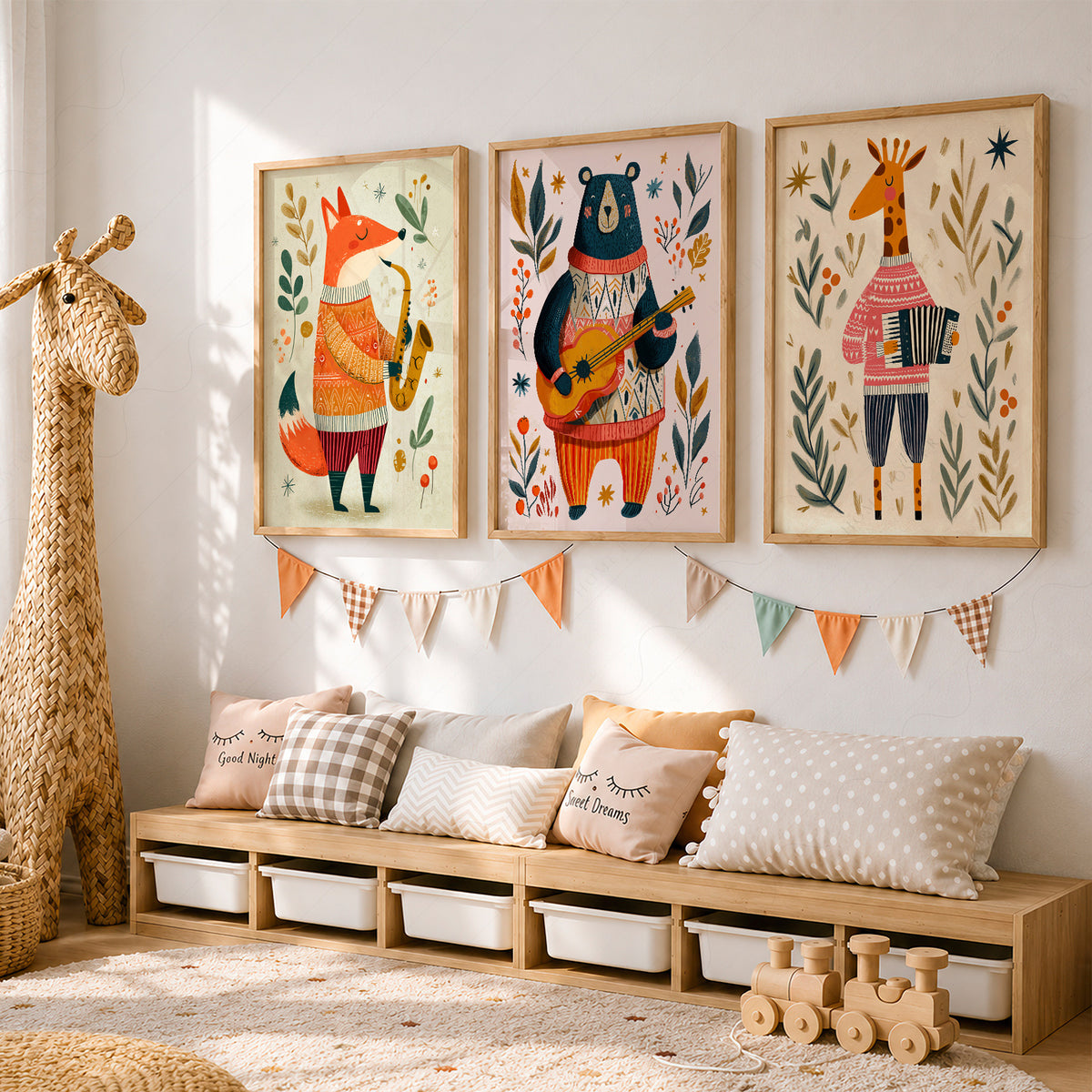 Musical Animal Nursery Print Set – Fox Bear Giraffe Kids Wall Art – 67-08 — artwork preview 15