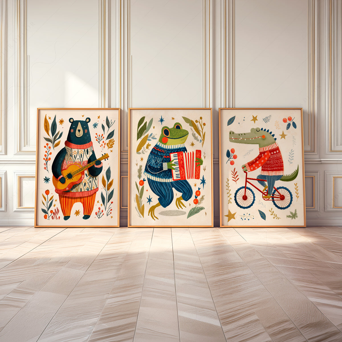 Whimsical Animal Print Set of 3 – Bear Frog and Crocodile Wall Art – 67-09 — artwork preview 8
