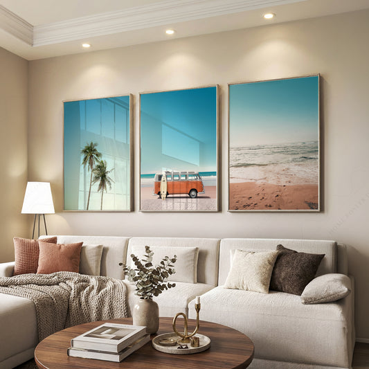 Set of 3 Beach Prints – Orange Kombi Van Palm Tree Ocean Wall Art – 22-12 — artwork preview 7