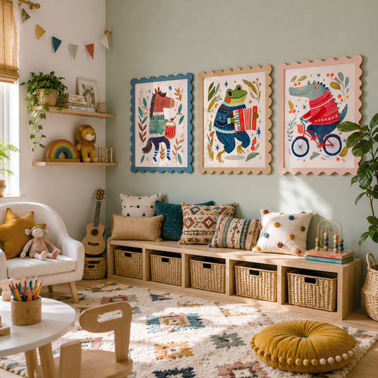 Whimsical Animal Nursery Art Set of 3 – Folk Style Kids Wall Decor Prints – 67-30 — artwork preview 10