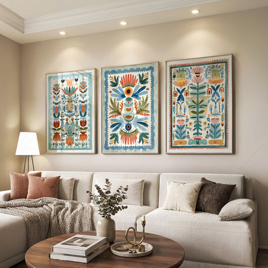 Boho Folk Art Floral Print Set of 3 – Tapestry Style Wall Decor – 69-02 — artwork preview 7
