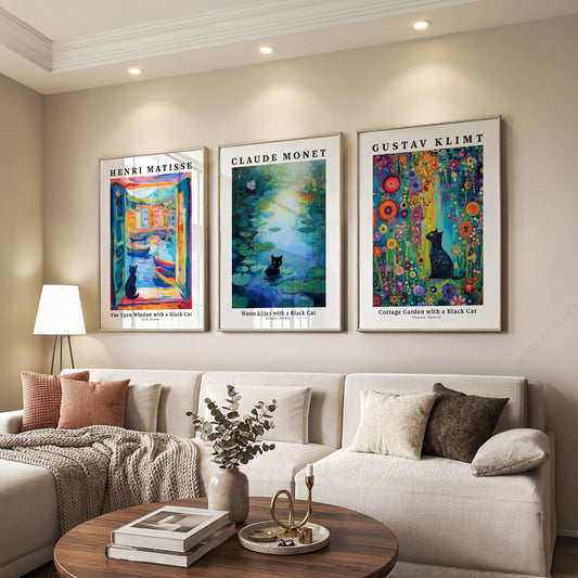 Black Cat Art Print Set of 3 – Matisse Monet Klimt Style Wall Art – 62-15 — artwork preview 7