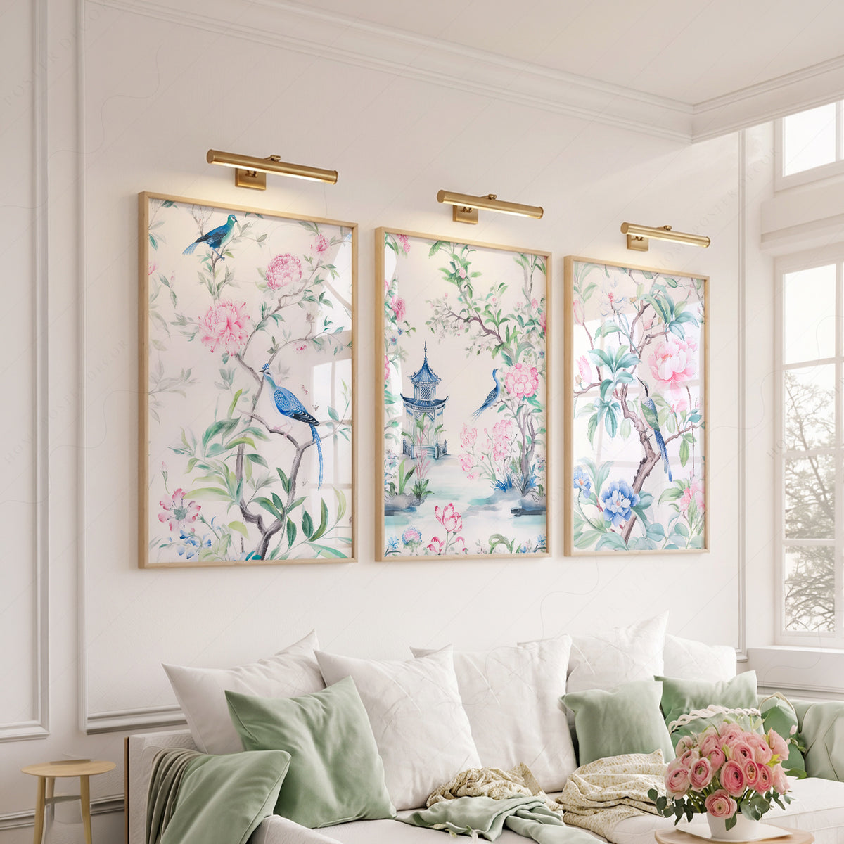 Chinoiserie Bird and Floral Print Set of 3 – Pink Botanical Wall Art – 55-12 — artwork preview 6