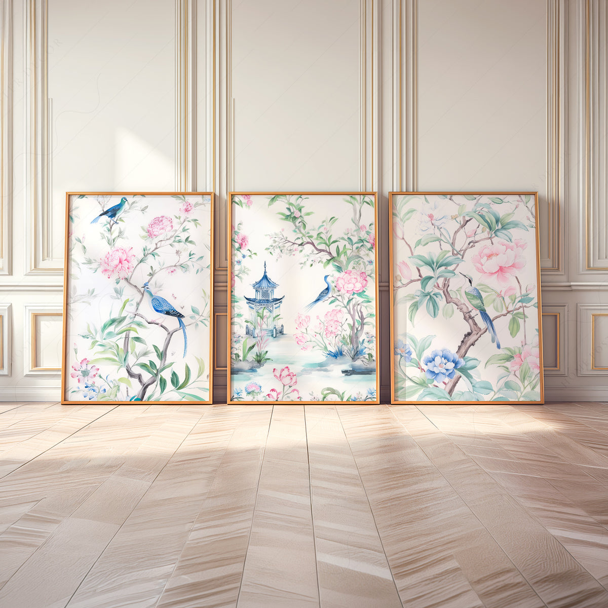 Chinoiserie Bird and Floral Print Set of 3 – Pink Botanical Wall Art – 55-12 — artwork preview 8