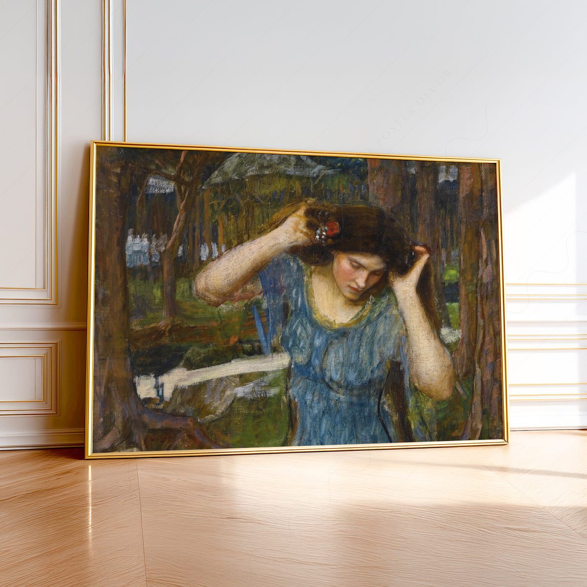 John William Waterhouse Woman in Blue in a Woodland Art Print — artwork preview 1