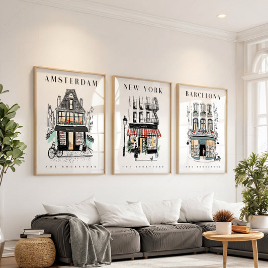 Bookstore Art Print Set – NYC Barcelona Amsterdam Travel Poster Collection — artwork preview 1
