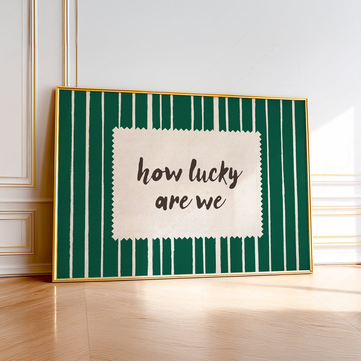 How Lucky Are We Green Stripe Quote Art Print — artwork preview 1