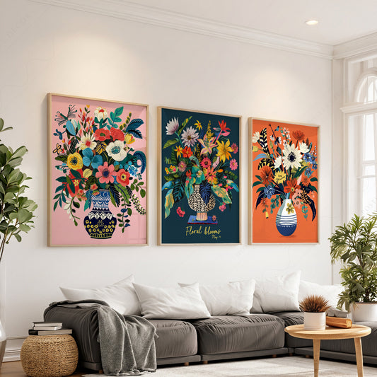 Floral Blooms Triptych Art Print Set – Vibrant Botanical Wall Decor — artwork preview 1
