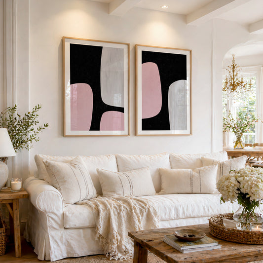 Mid-Century Modern Abstract Set of 2 Prints – Black Pink Wall Art – 51-12 — artwork preview 1