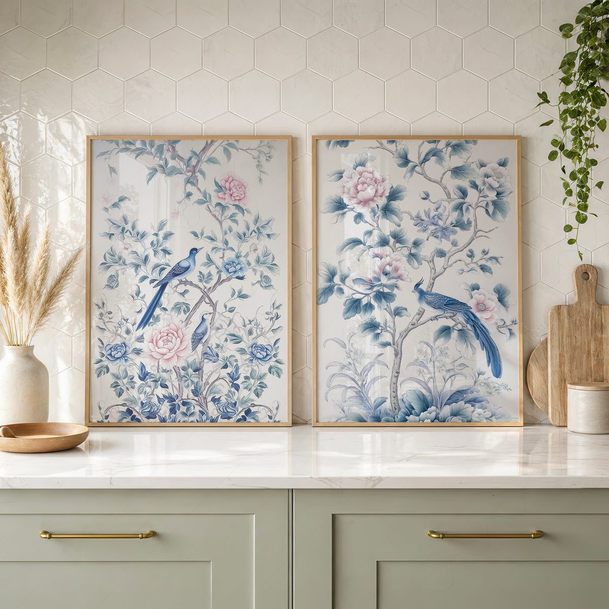 Blue Bird and Floral Print Set of 2 – Chinoiserie Wall Art – 55-08 — artwork preview 21