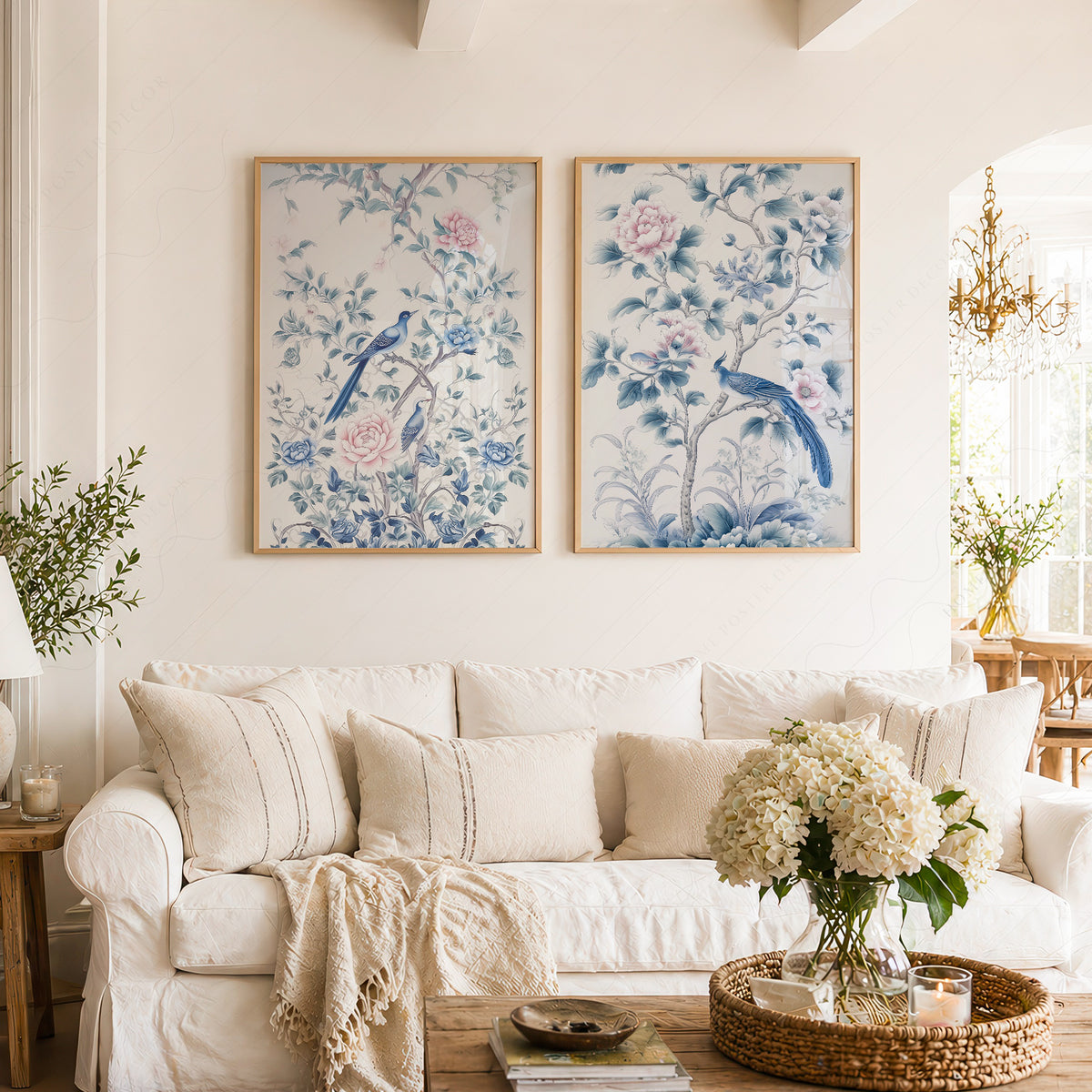 Blue Bird and Floral Print Set of 2 – Chinoiserie Wall Art – 55-08 — artwork preview 2