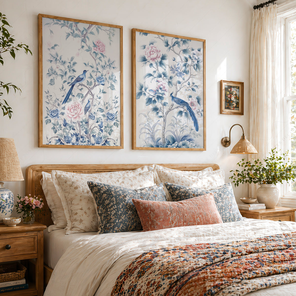 Blue Bird and Floral Print Set of 2 – Chinoiserie Wall Art – 55-08 — artwork preview 4