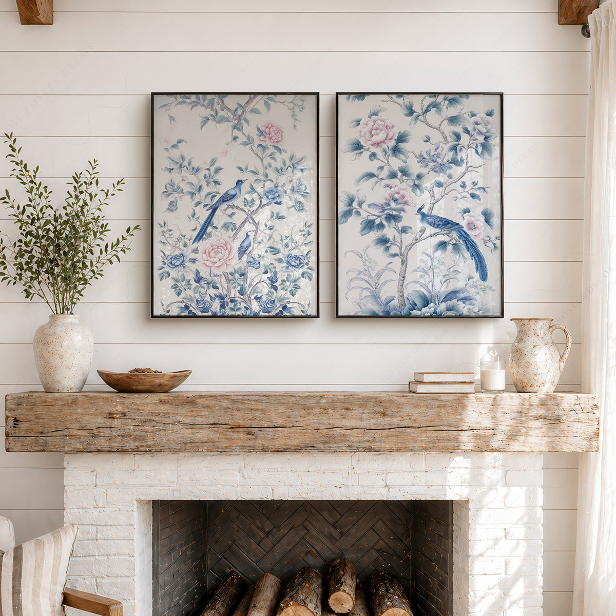 Blue Bird and Floral Print Set of 2 – Chinoiserie Wall Art – 55-08 — artwork preview 6