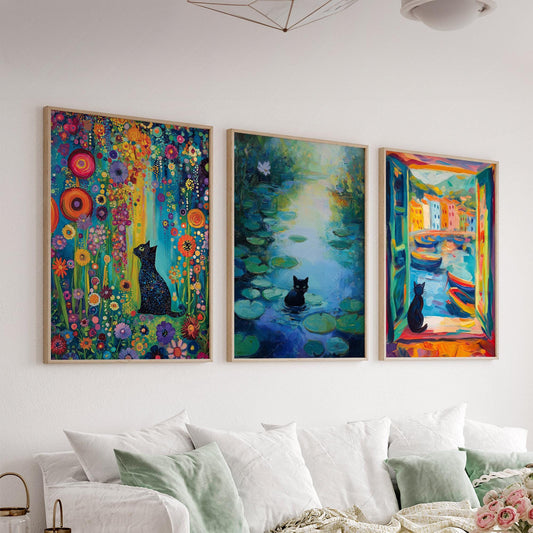 Black Cat Art Print Set of 3 – Famous Paintings – fine art print wall decor