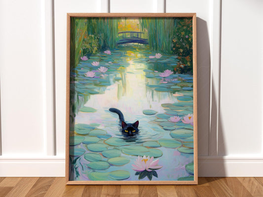 Monet Water Lilies Black Cat Print – Funny Cat Lover – fine art print wall decor