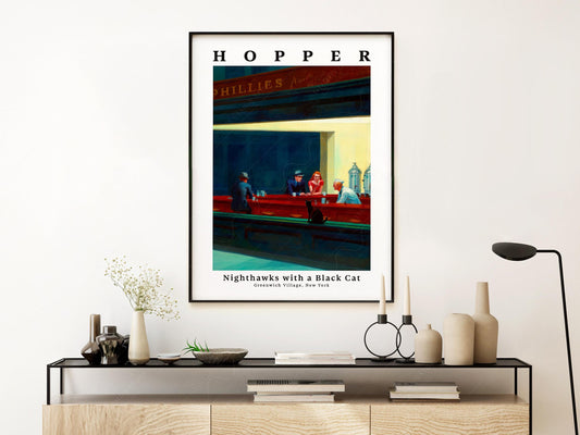 Edward Hopper Nighthawks with Black Cat Print – Funny – fine art print wall decor