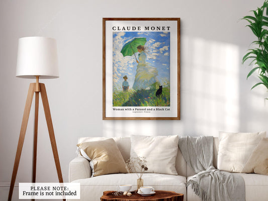 Claude Monet Woman with a Parasol and Black Cat Print – fine art print wall decor