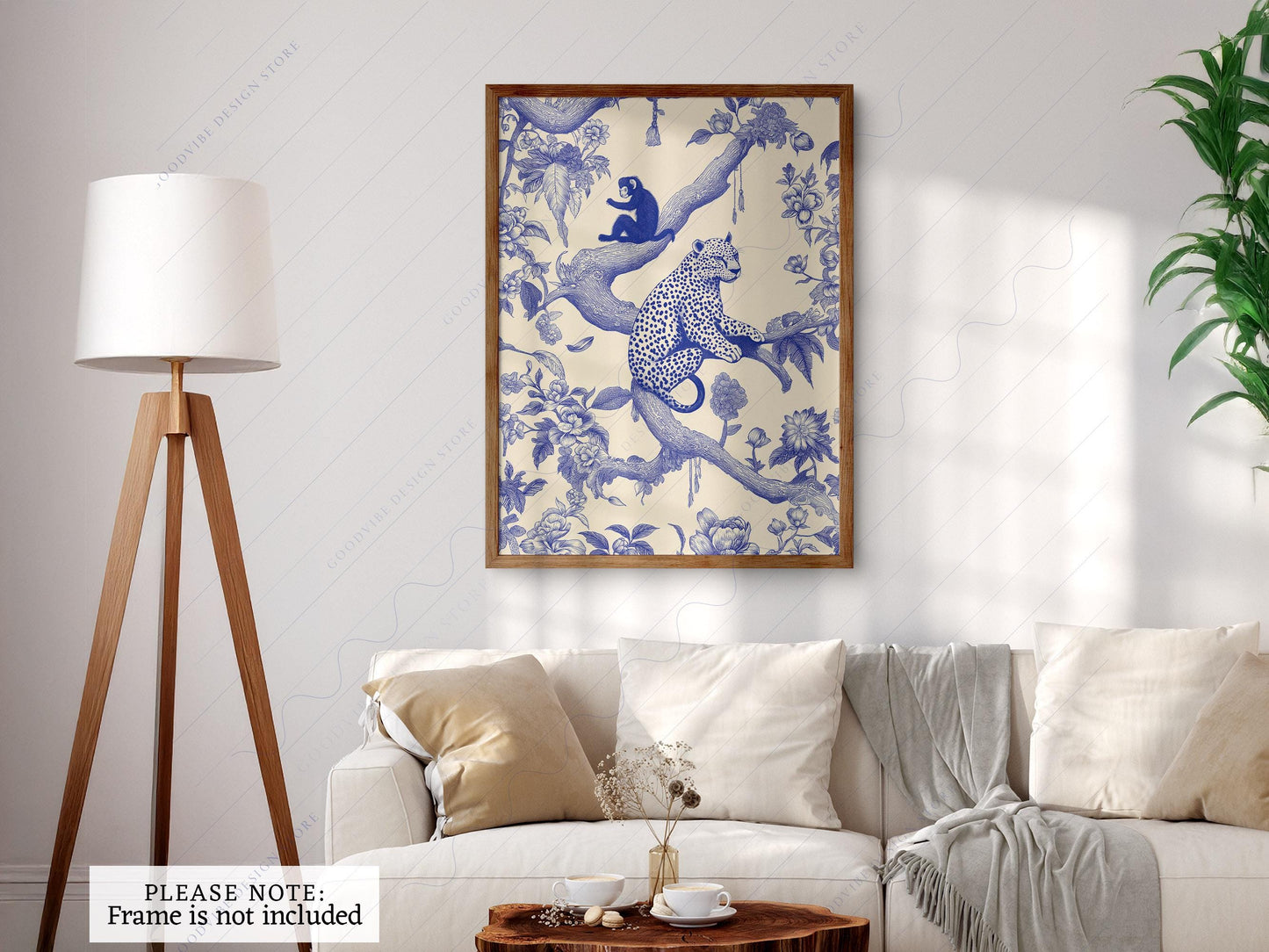 Chinoiserie Leopard & Monkey Art Print – Blue White – museum quality art print