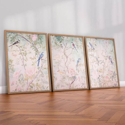 Chinoiserie Bird and Flower Art Prints Set of 3 – fine art print wall decor