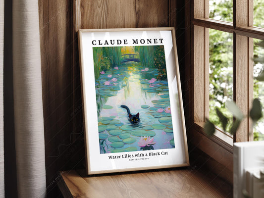 Claude Monet Water Lilies with Black Cat Print – Funny – fine art print wall decor