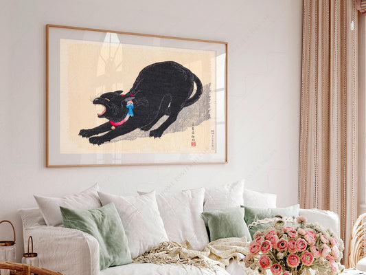 Japanese Black Cat Yawning Ukiyo-e Print – Vintage – fine art print wall decor
