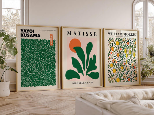 Kusama Matisse William Morris Set of 3 Prints – Green – fine art print wall decor