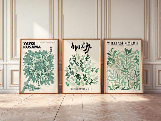 Set of 3 Green Botanical Prints – Kusama Matisse – fine art print wall decor