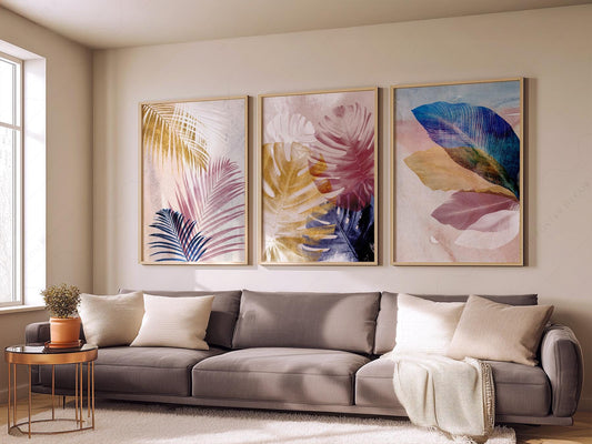 Abstract Tropical Leaf Art Print Set – Pink Blue Navy – fine art print wall decor