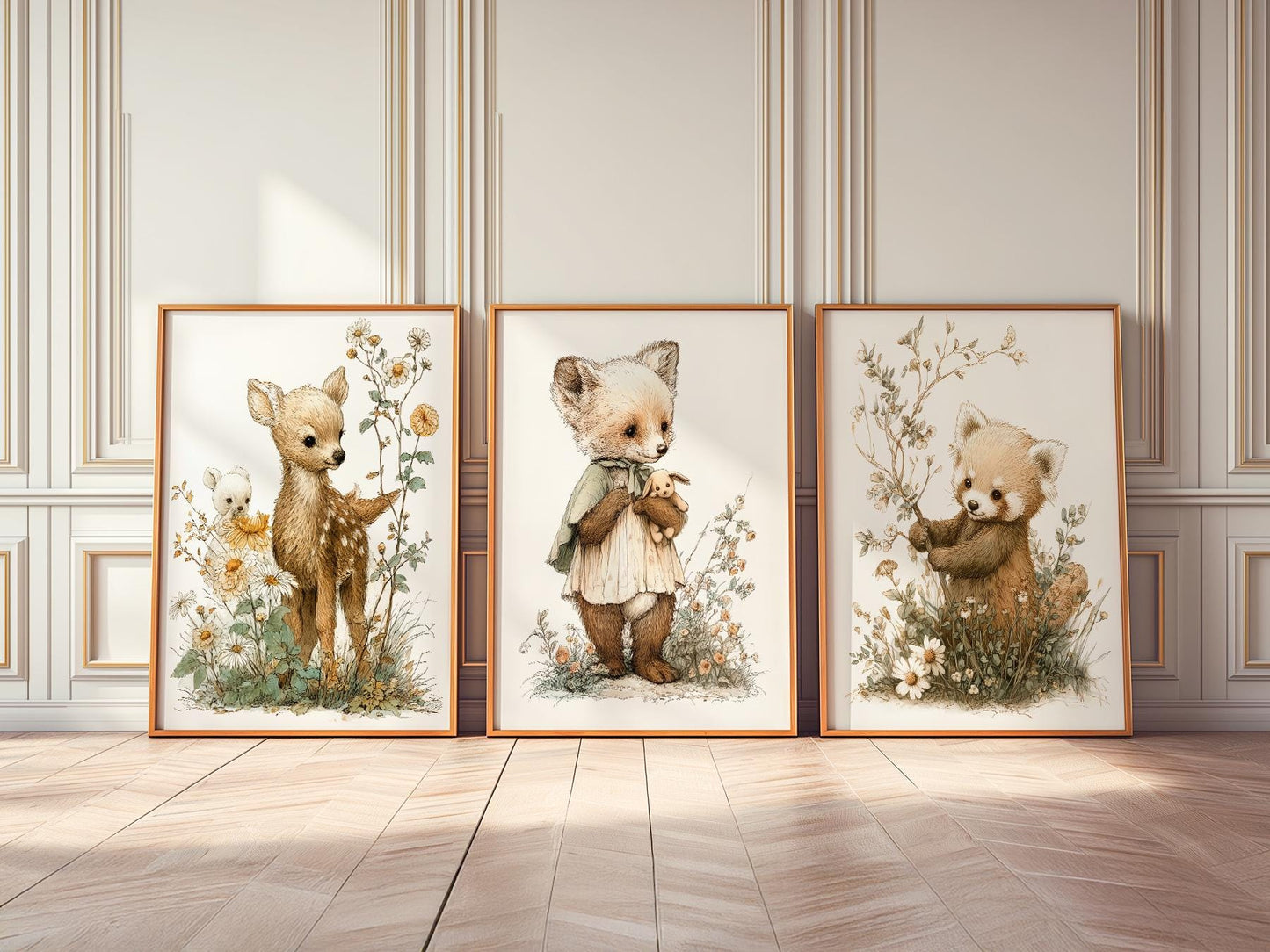 Woodland Nursery Art Set of 3 – Deer Fox Red Panda – toddler room wall art print