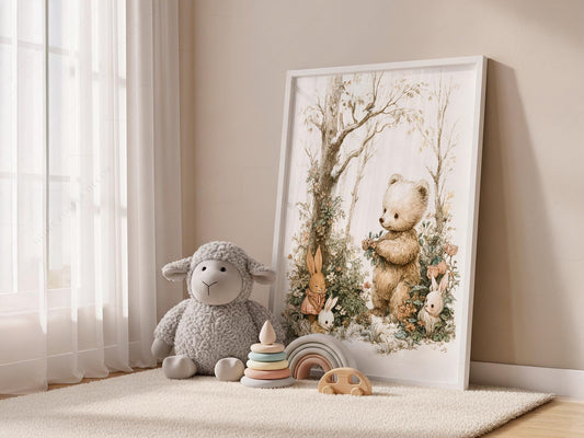 Woodland Bear and Bunnies Nursery Art Print – Neutral – whimsical kids room decor
