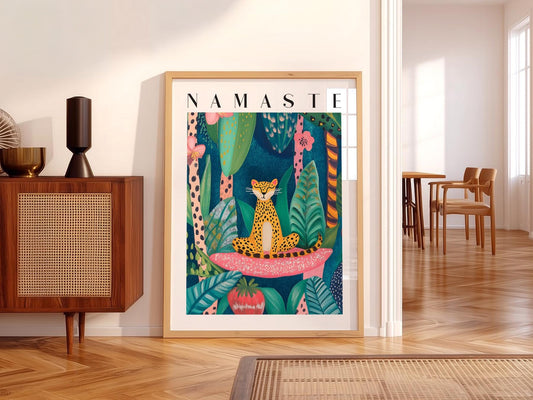 Namaste leopard art print featuring a serene spotted cat surrounded by colorful tropical jungle foliage wall art.
