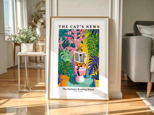 Colorful cat reading newspaper on toilet art print surrounded by tropical plants, whimsical bathroom wall art.